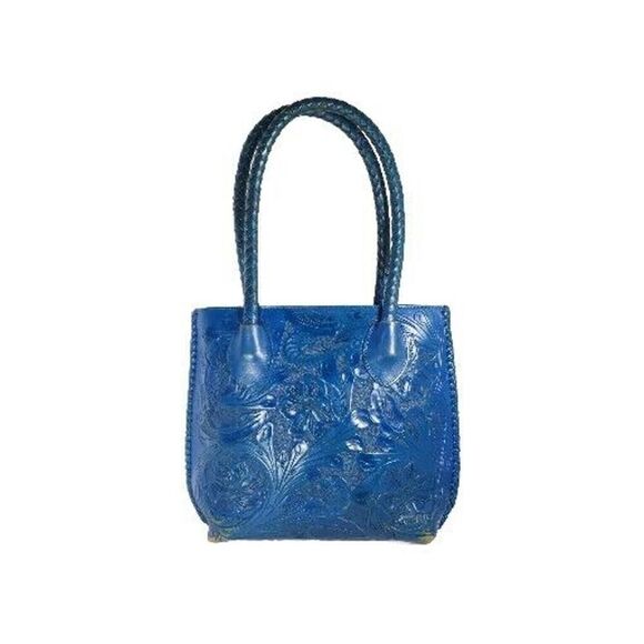 Alexandro Yeo Xl Blue Genuine Leather Tooled Floral Shoulder Bag Purse - Picture 1 of 13